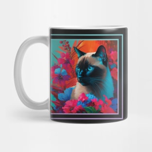 Mighty Hunter Siamese Cat Vibrant Tropical Flower Digital Oil Painting Portrait Mug